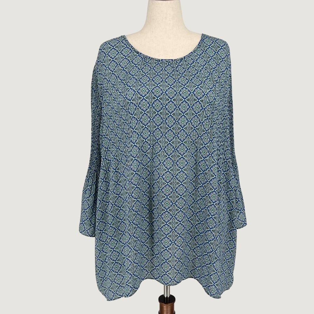 J.Jill Women Geometric Medallion Pleated Bell Sleeve Tunic Top Size XL Tall Blue